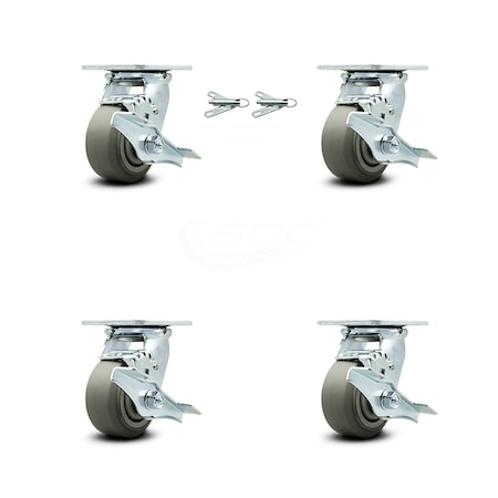 Service Caster 4 Inch Thermoplastic Rubber Caster Set with Roller Bearing 4 Brake 2 Swivel Lock SCC-30CS420-TPRRF-TLB-BSL-2-TLB-2